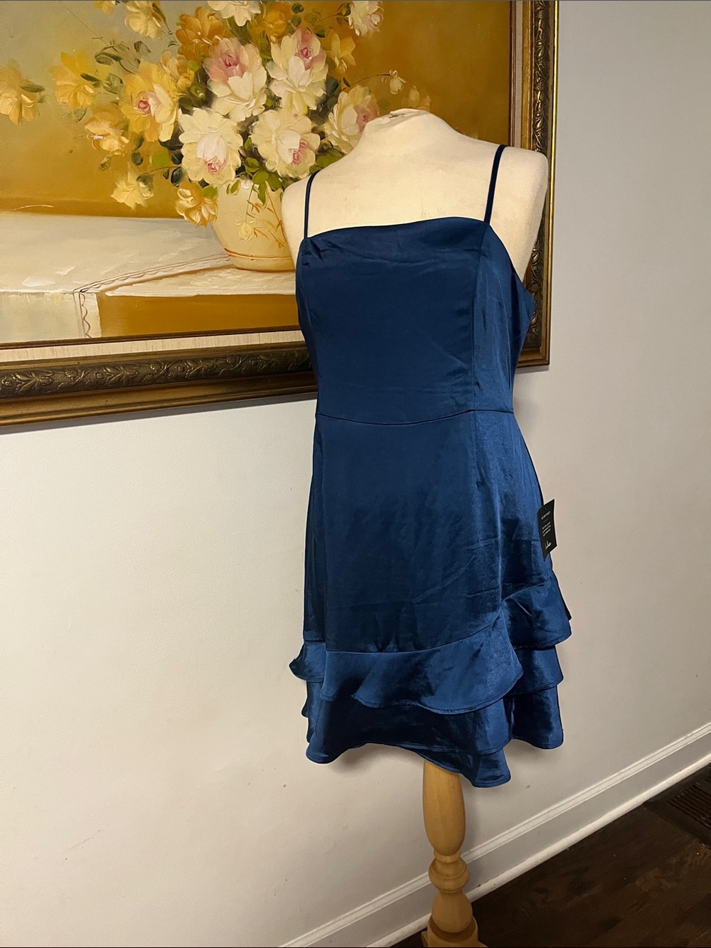 NWT Lulu's Navy Satin Spaghetti Strap Ruffle Hem Mini Dress